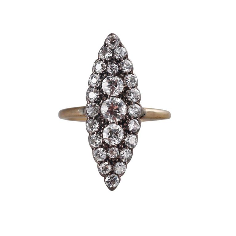 14k Gold Silver Diamond Navette Ring