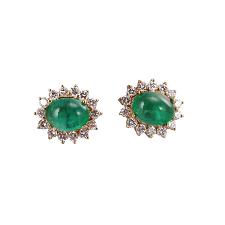 18k Gold Emerald Cabochon and Diamond Earrings