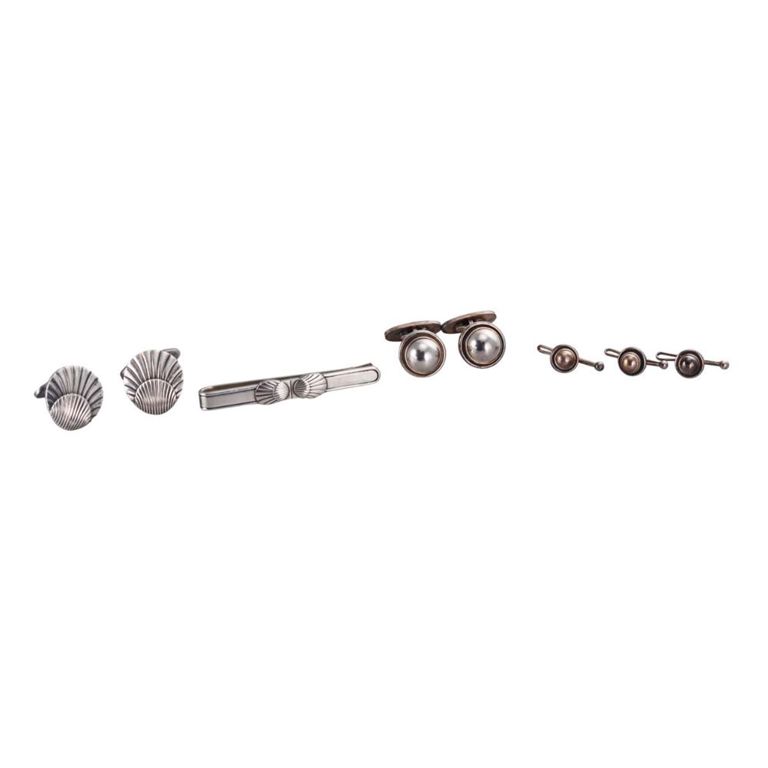 Sterling Silver Cufflinks, Studs and Tie Bar Set
