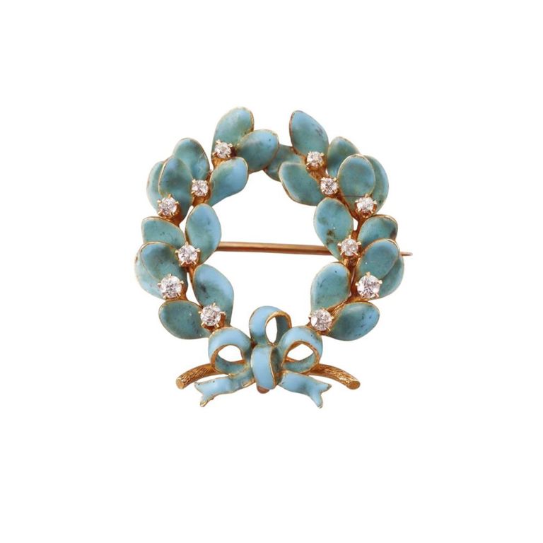 18k Gold Diamond Enamel Wreath Brooch