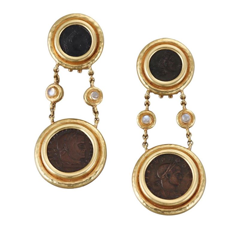 18k Gold Moonstone and Coin Drop Earrings