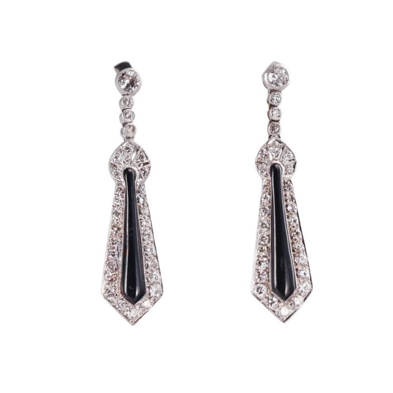 18k Gold Diamond and Onyx Drop Earrings