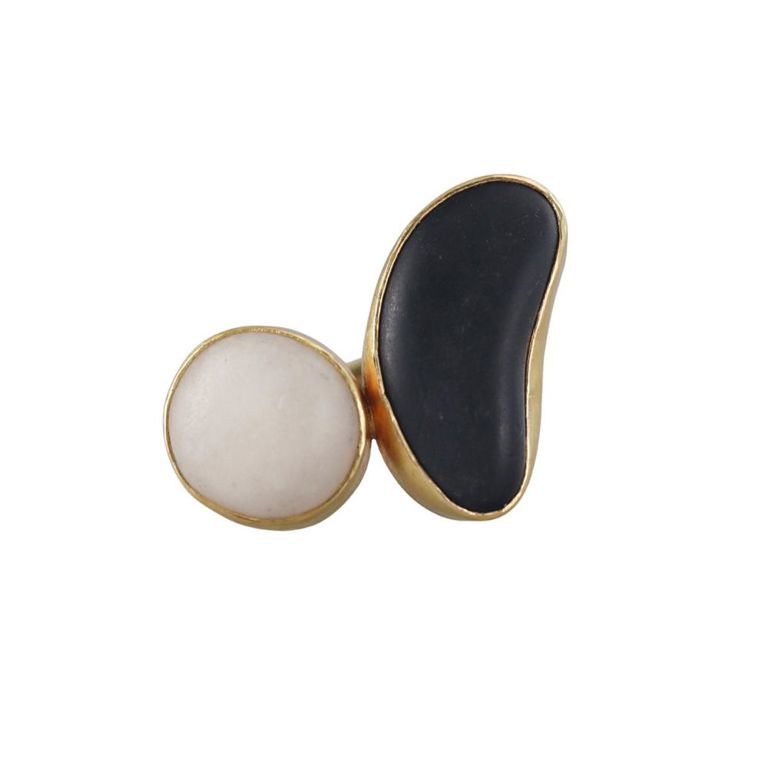 Gold Silver Jet and Hardstone Ring