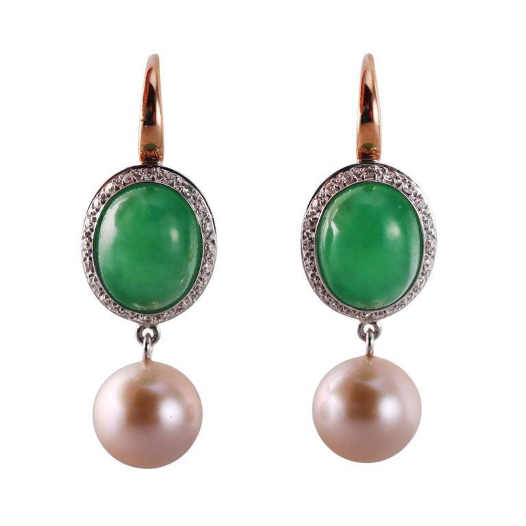 18k Gold Diamond, Jade and Pearl Earrings