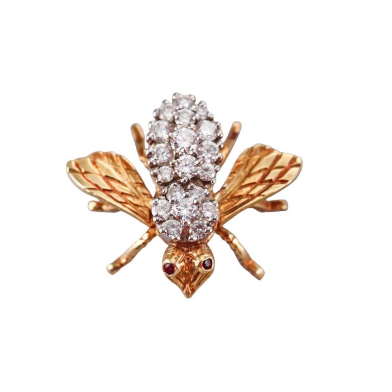18k Gold Diamond and Ruby Bee Brooch