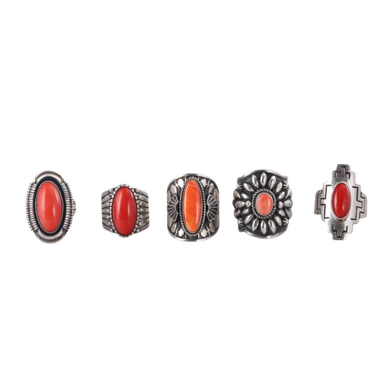 Set of 5 Sterling Silver Coral Rings