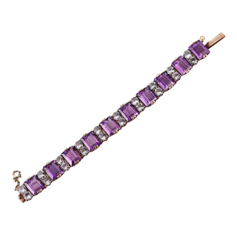 Retro 18k Gold Amethyst and Quartz Bracelet