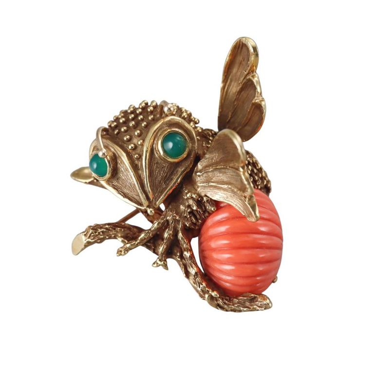 18k Gold Coral and Chrysoprase Insect Brooch