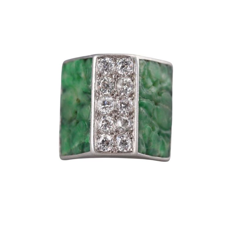 Art Deco Platinum Jade and Diamond Ring