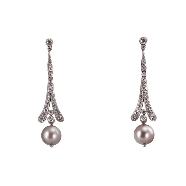 Platinum Diamond and Pearl Drop Earrings