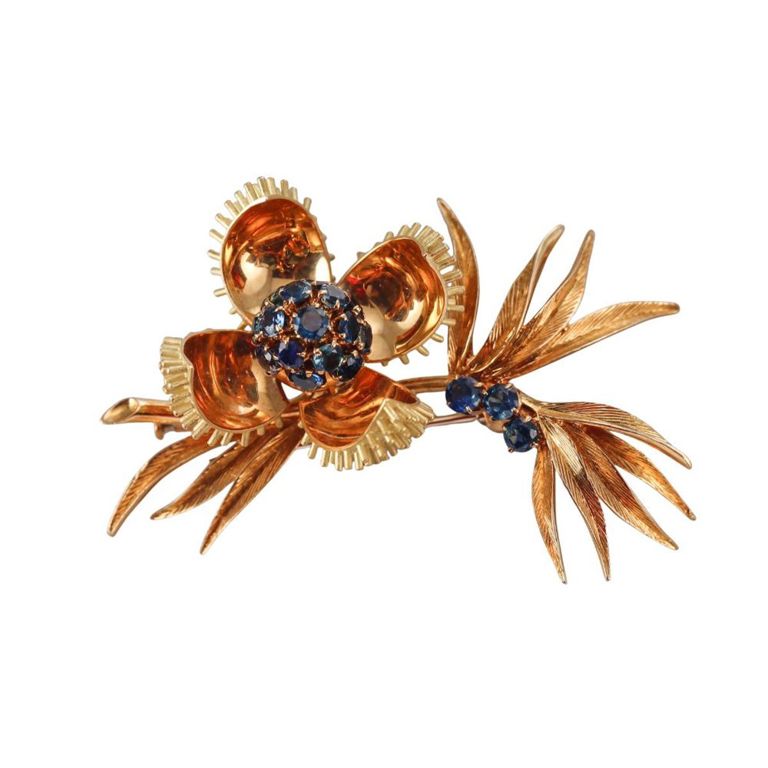 French 18k Gold Sapphire Thistle Brooch