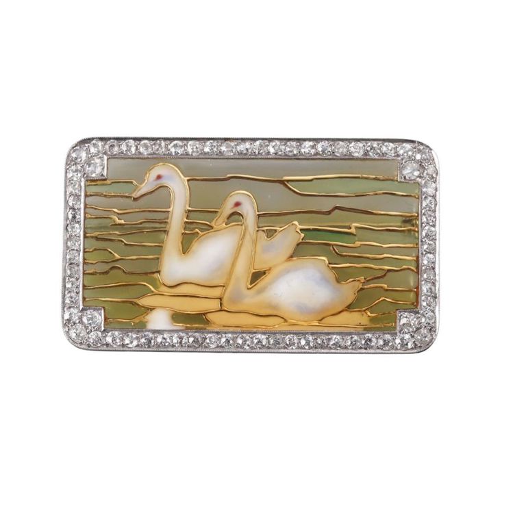 Platinum Diamond Enamel Swan Brooch