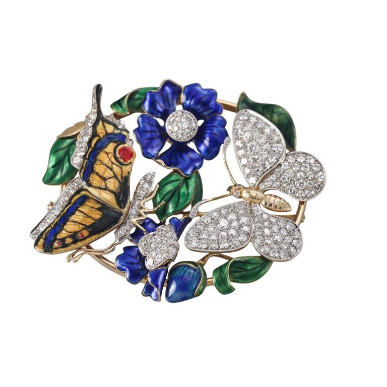 18k Gold Diamond Enamel Butterfly Flower Brooch