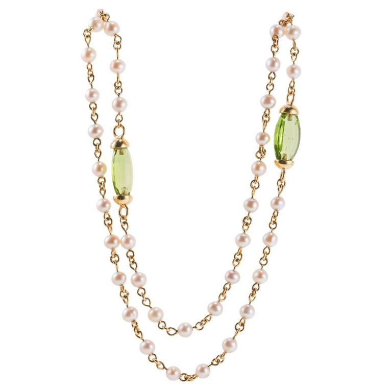 18k Gold Peridot and Pearl Long Necklace