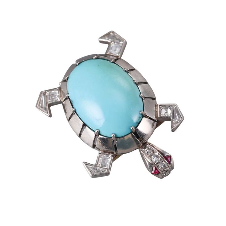 18k Gold Diamond Turquoise and Ruby Turtle Brooch