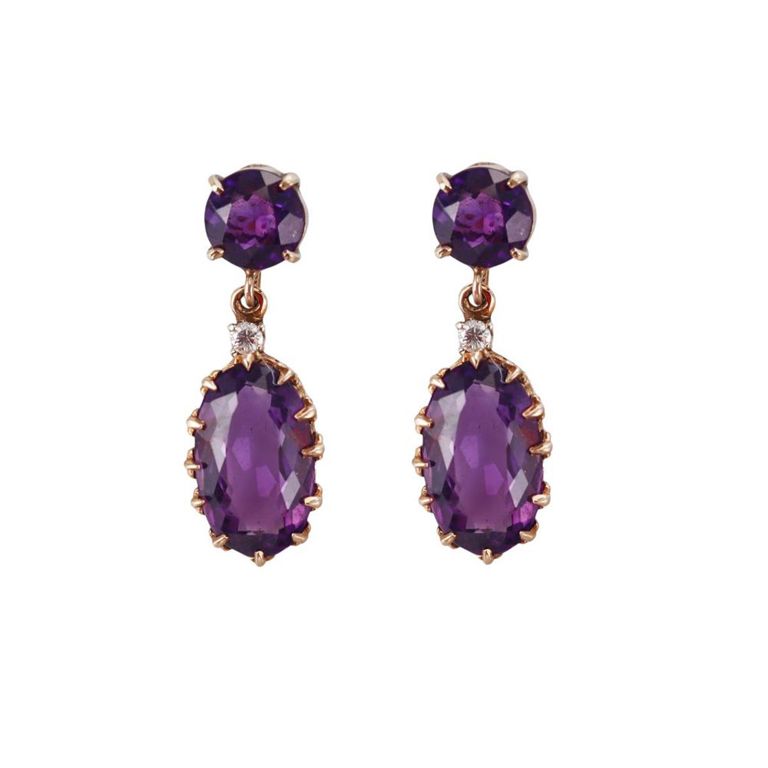 14k Gold Amethyst and Diamond Drop Earrings