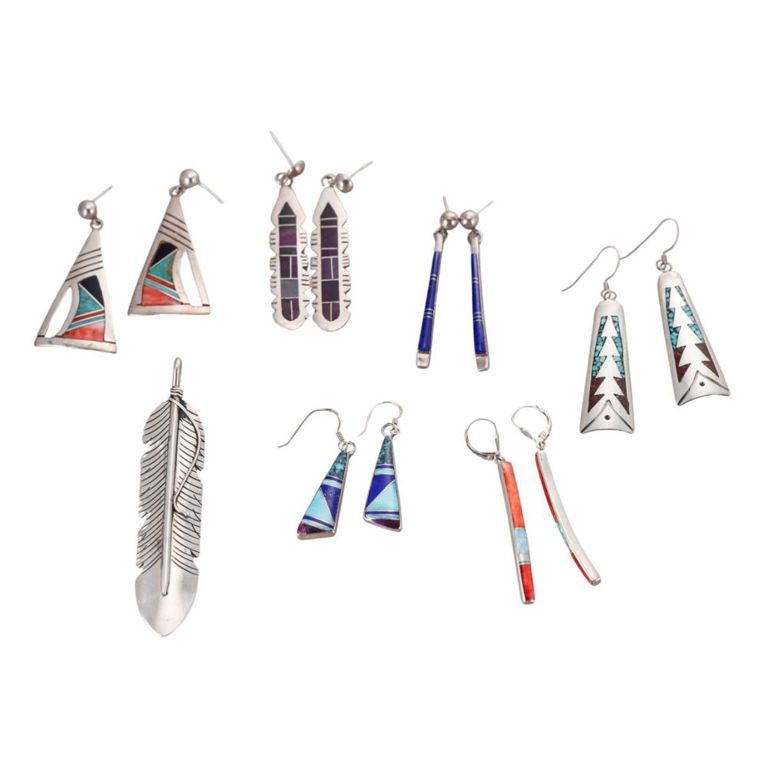 Set of 7 Sterling Silver Gemstone Inlay Jewelry
