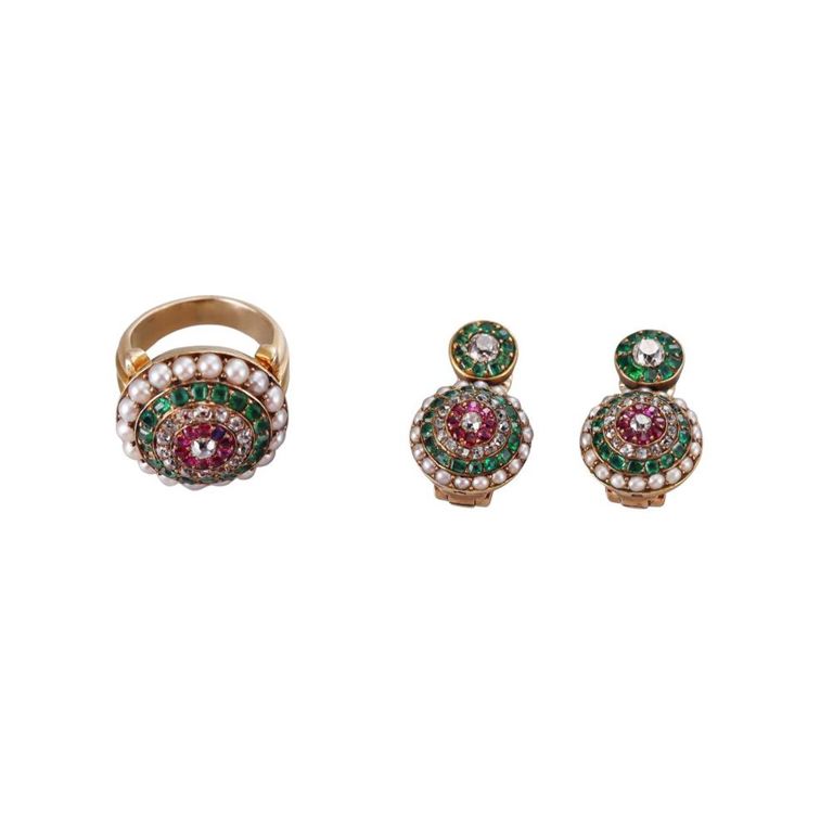 14k Gold Diamond Emerald Ruby Pearl Jewelry Set