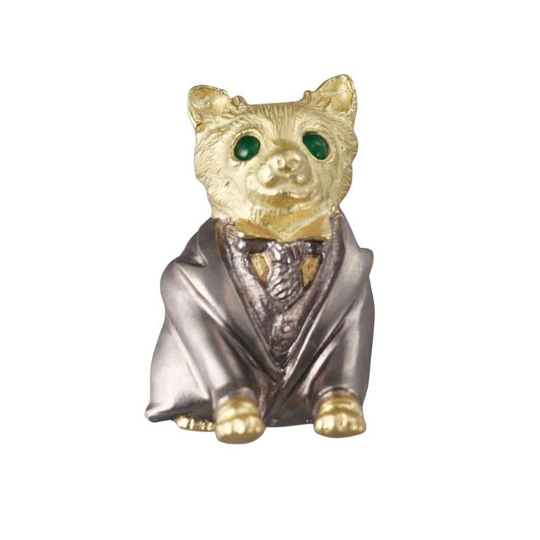 18k Gold Emerald Dog Pendant Brooch