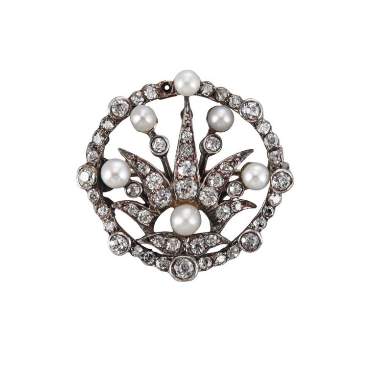 Platinum 18k Gold Natural Pearl Diamond Brooch