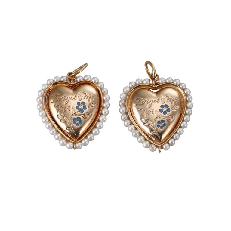 Set of 2 14k Gold Pearl Enamel Heart Charms