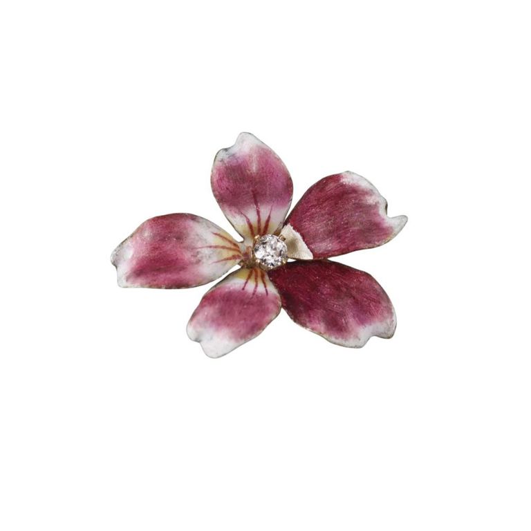 14k Gold Diamond Enamel Flower Pendant/Brooch