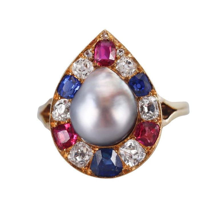 18k Gold Pearl Diamond Sapphire Ruby Ring