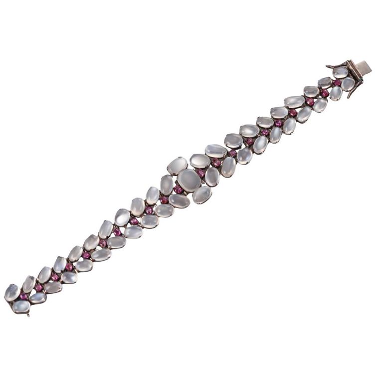Silver Moonstone and Pink Sapphire Bracelet