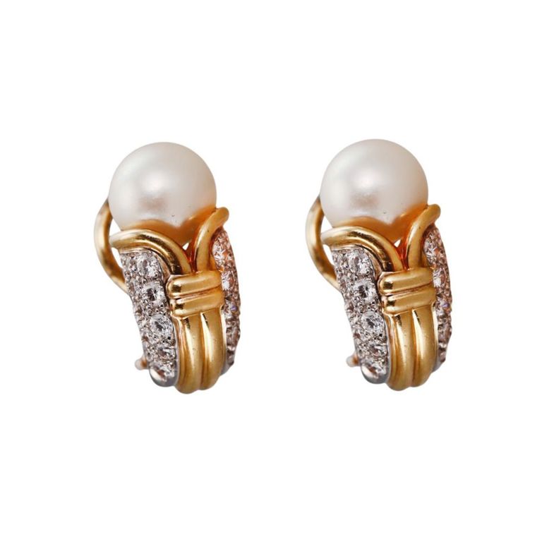 18k Gold and Platinum Diamond Pearl Earrings