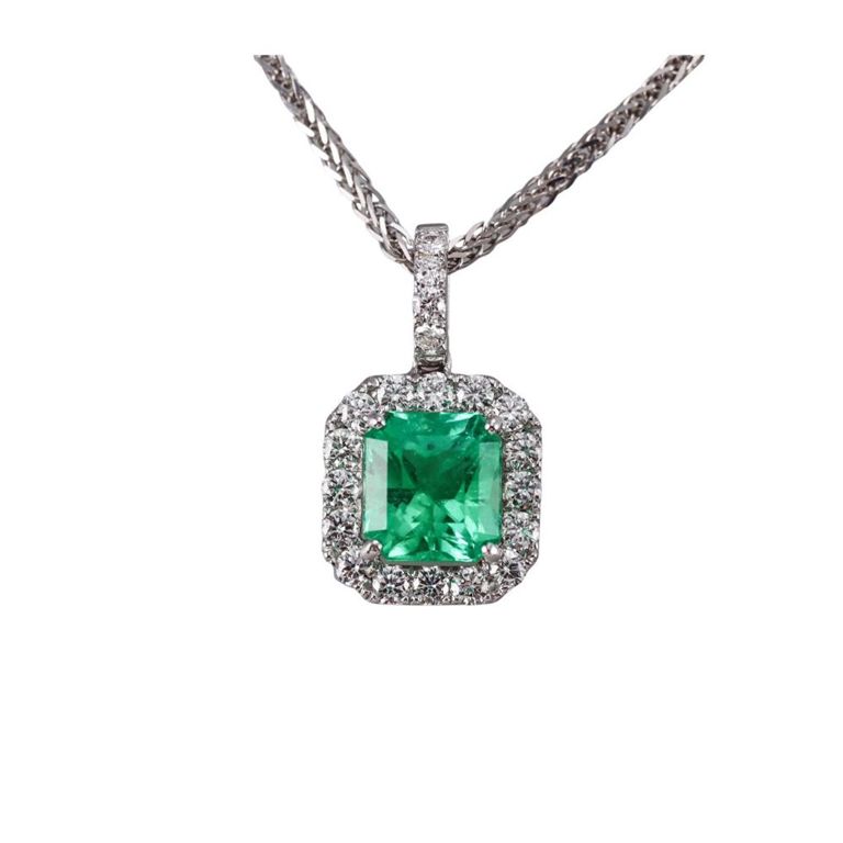 18k Gold Emerald and Diamond Pendant Necklace