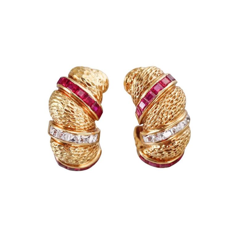 18k Gold Diamond and Ruby Half Hoop Earrings