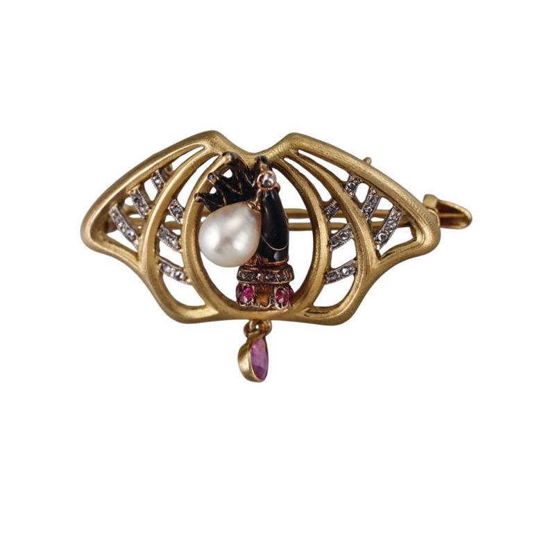18k Gold Enamel Diamond and Pearl Brooch