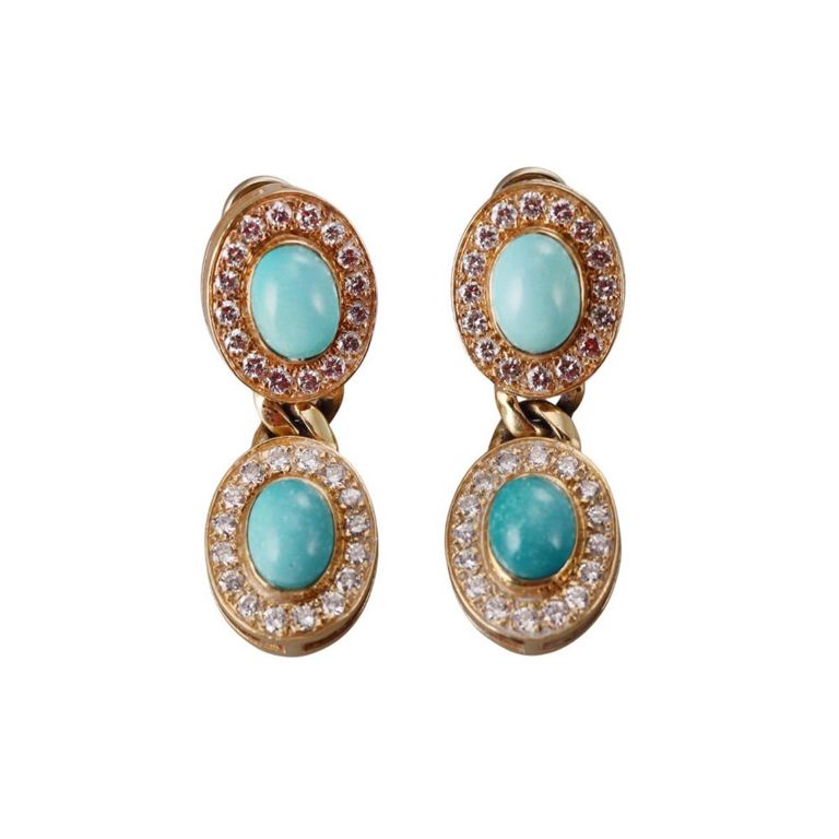 18k Gold Diamond, Turquoise Earrings