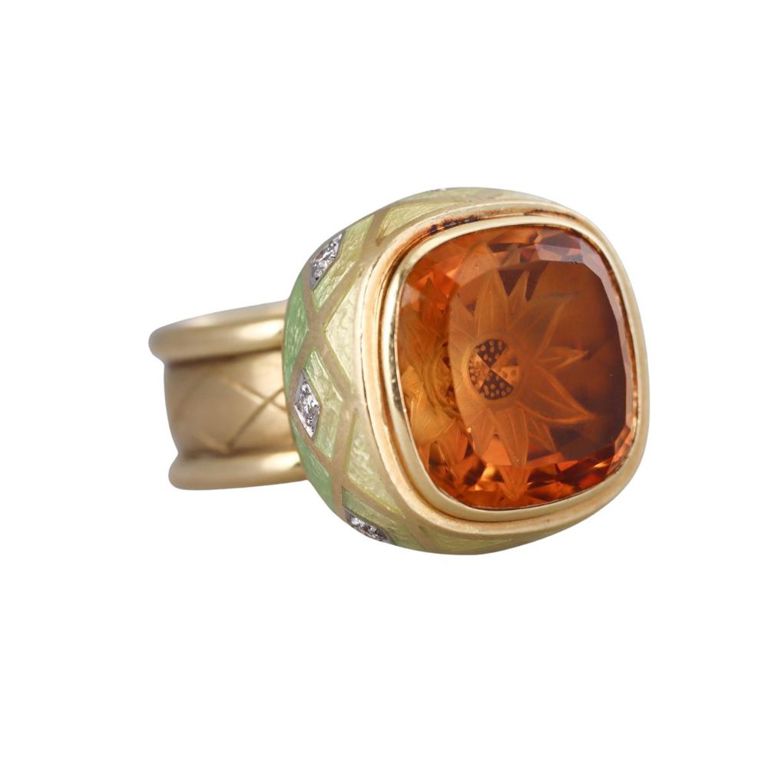 18k Gold Citrine, Diamond and Enamel Ring