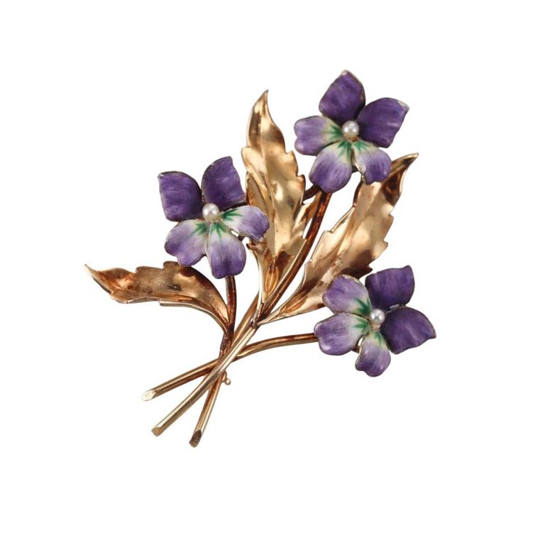 14k Gold Pearl and Enamel Flower Brooch