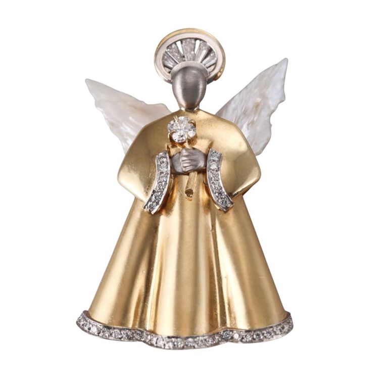 18k Gold Platinum Diamond and Pearl Angel Brooch