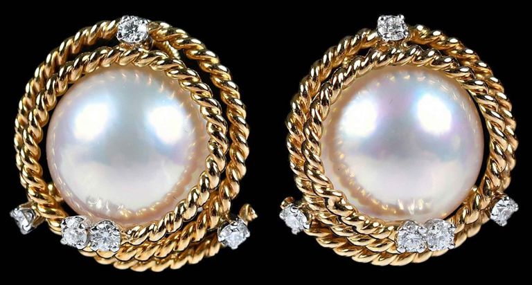 Pair of 18k Gold Mabe Pearl Diamond Earrings