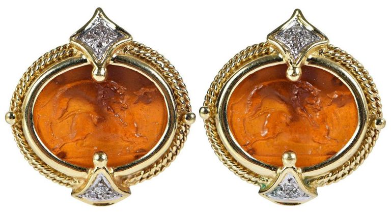 Pair of 18k Gold Glass Intaglio Diamond Earrings