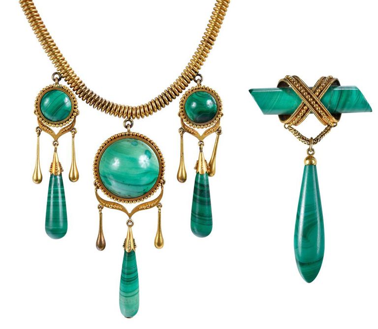 18k Gold Malachite Necklace and Brooch