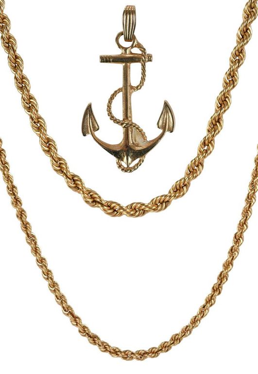 Set of 2 14k Gold Rope Chains with Anchor Charm