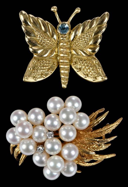 Pair of 18k Gold Pearl Diamond Topaz Brooches