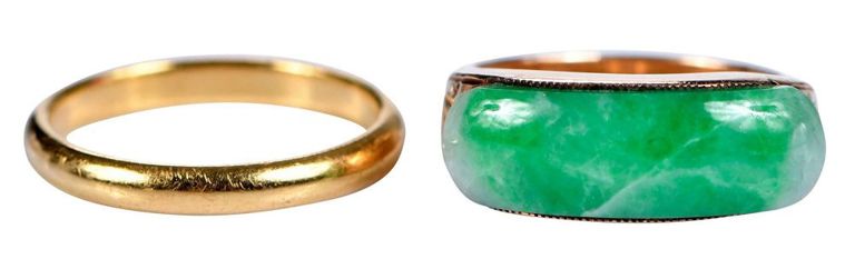 18k Gold Wedding Band and Jade Ring
