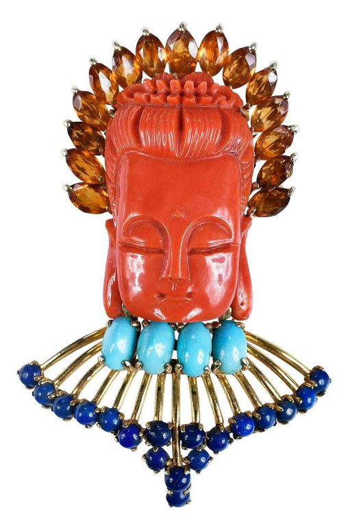 Coral Citrine Turquoise Lapis Brooch/Pendant