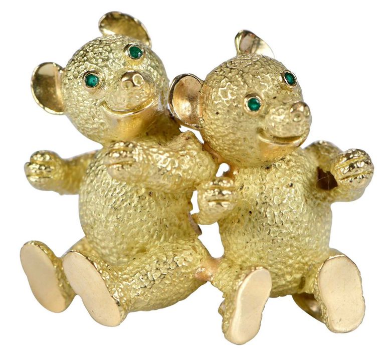 18k Gold Emerald Teddy Bear Brooch