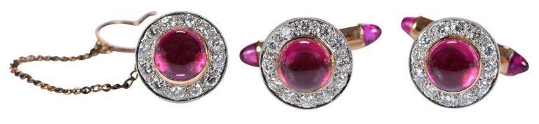 18k Gold Diamond Ruby Cufflinks and Tie Tack