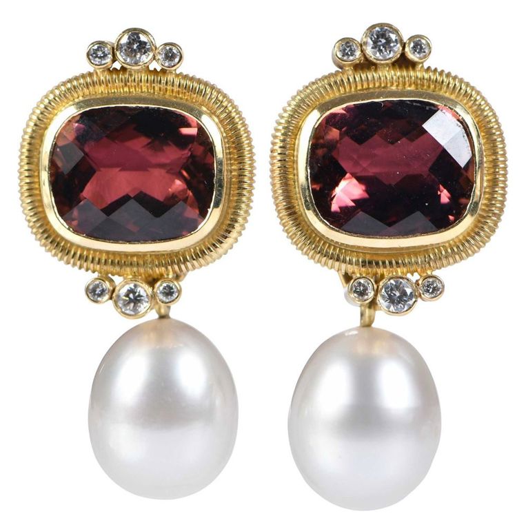 18k Gold Tourmaline Diamond Pearl Earrings