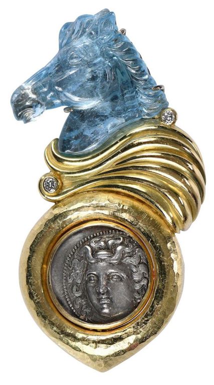 18k Gold Aquamarine Diamond Coin Brooch