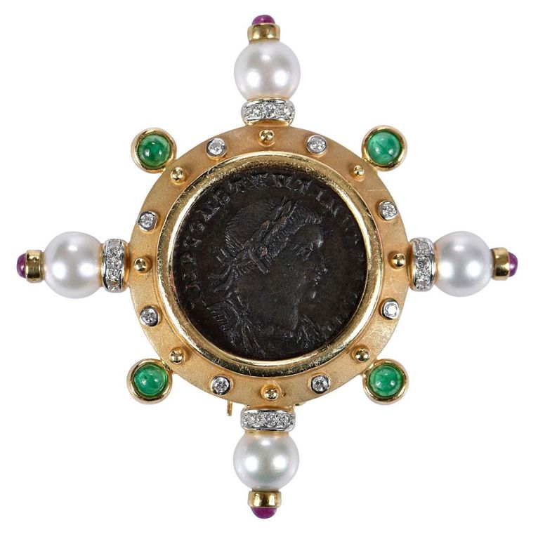 18k Gold Coin Pearl Diamond Ruby Emerald Brooch