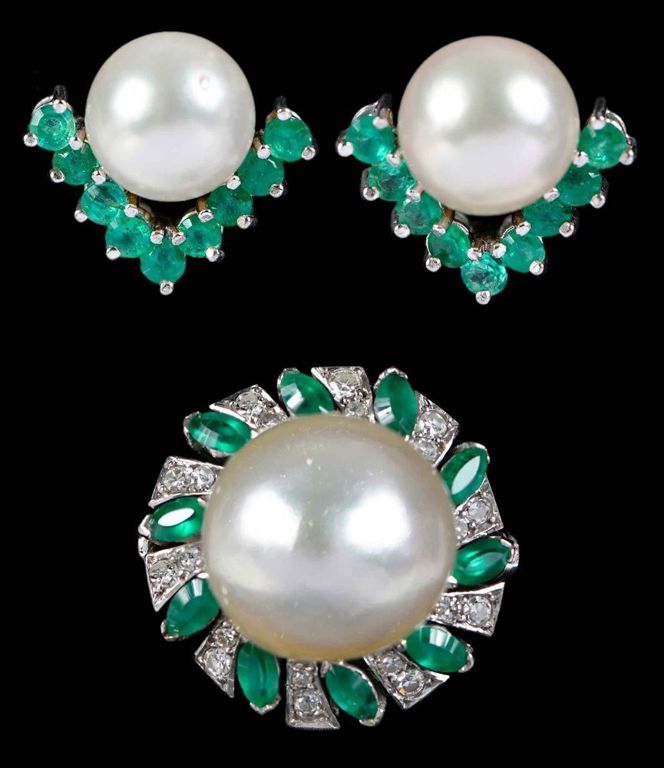 Pearl, Emerald, Diamond Ring and Earrings