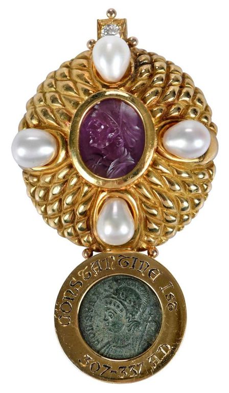 18k Gold Coin Pearl Diamond Glass Brooch